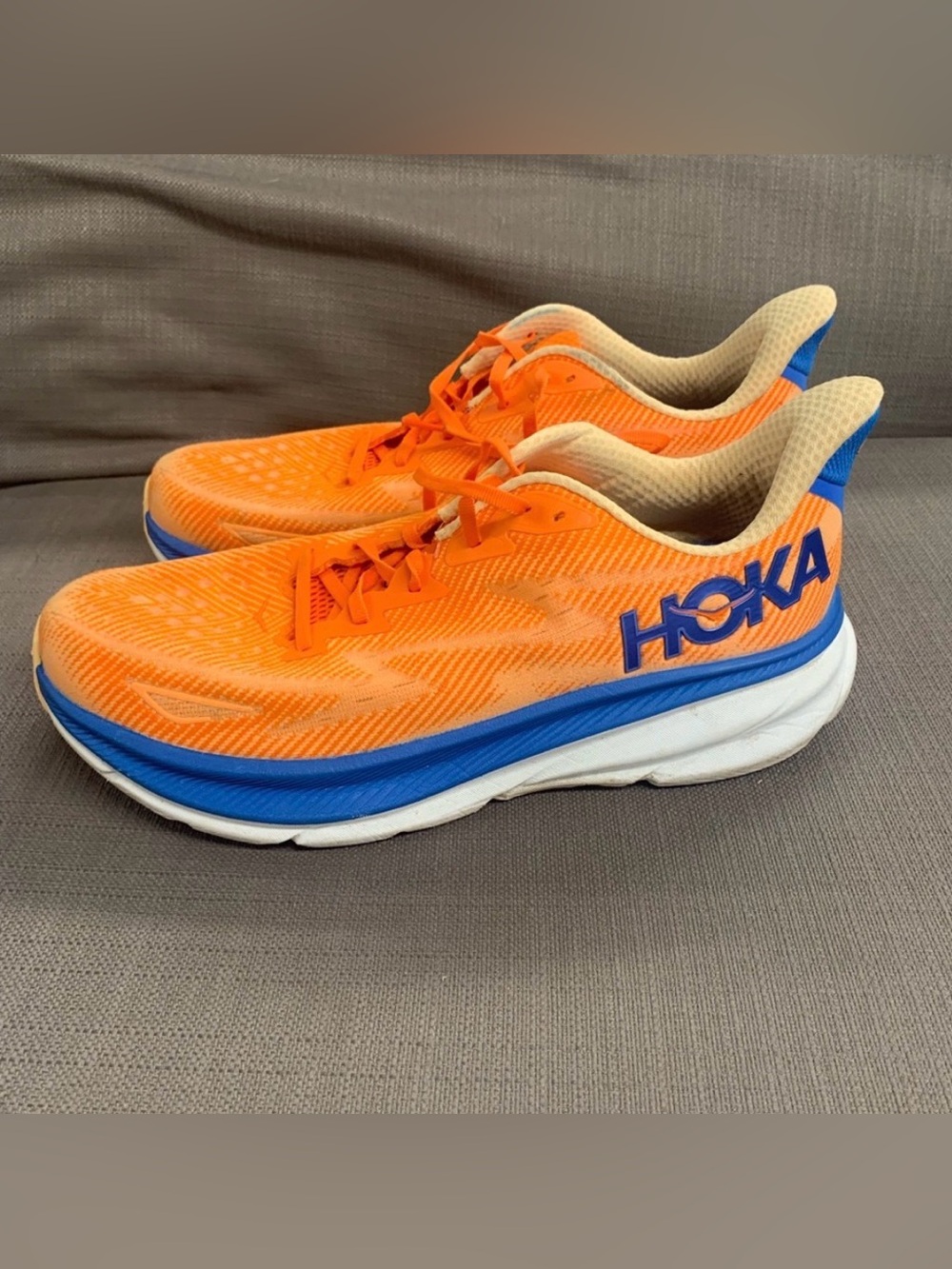 Hoka Clifton 9 Men's Bright Orange and Blue Athletic Running Shoes